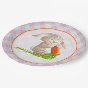 Hoppy Happy Easter Bunny Pink Gingham Pattern Paper Plate