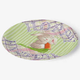 Hoppy Happy Easter Bunny Stripes And Plaid Pattern Paper Plate
