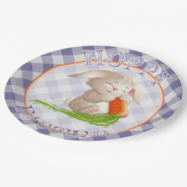 Hoppy Happy Easter Bunny Violet Gingham Pattern Paper Plate (Angled)