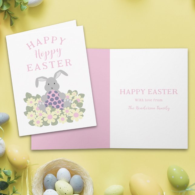 Hoppy Happy Easter Cute Bunny Floral Holiday Card (Personalized happy hoppy Easter cute bunny daisy spring floral pink folded holiday card)