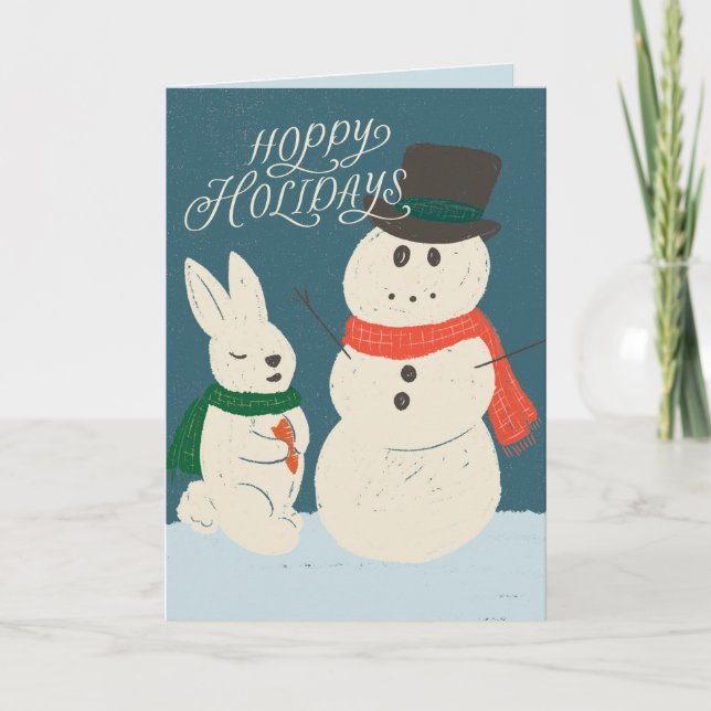 Hoppy Holidays Bunny & Snowman Greeting Card (Front)