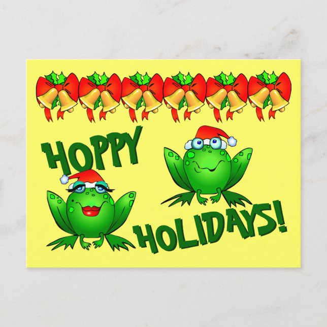 Hoppy Holidays Cartoon Christmas Frogs Bows Bells Postcard (Front)