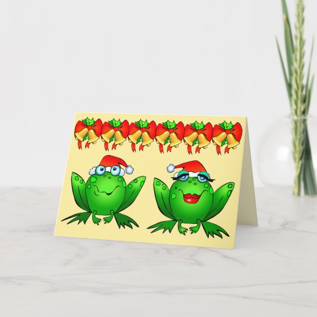 Hoppy Holidays Cartoon Frogs Santa Hats Bells Holiday Card (Front)