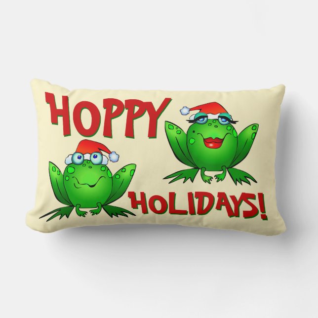 Hoppy Holidays Cartoon Green Frogs Red Letters Lumbar Cushion (Front)