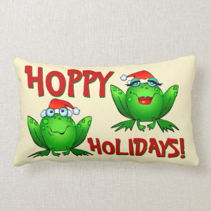 Hoppy Holidays Cartoon Green Frogs Red Letters Lumbar Cushion