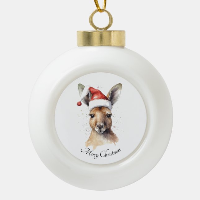 Hoppy Holidays, Christmas Kangaroo custom Ceramic Ball Christmas Ornament (Front)