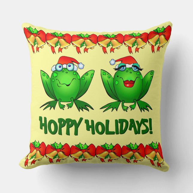 Hoppy Holidays Cute Santa Christmas Frogs Cushion (Front)