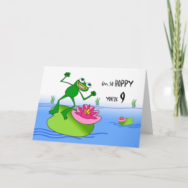 Hoppy Nineth 9th Birthday, Funny Frog at Pond Card (Front)