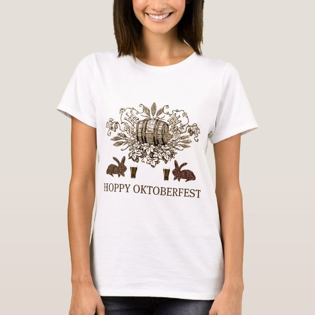 HOPPY OKTOBERFEST BEER KEG, BUNNY HOPS AND BIER T-Shirt (Front)