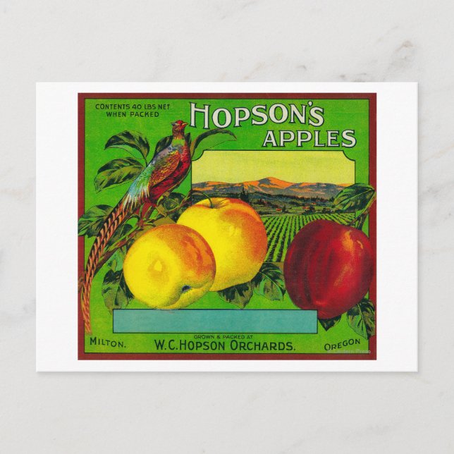 Hopson's Apple Crate LabelMilton, WA Postcard (Front)