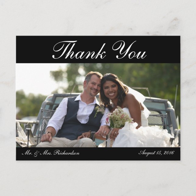 Horiz. B&W Custom Wedding Photo Thank You Postcard (Front)