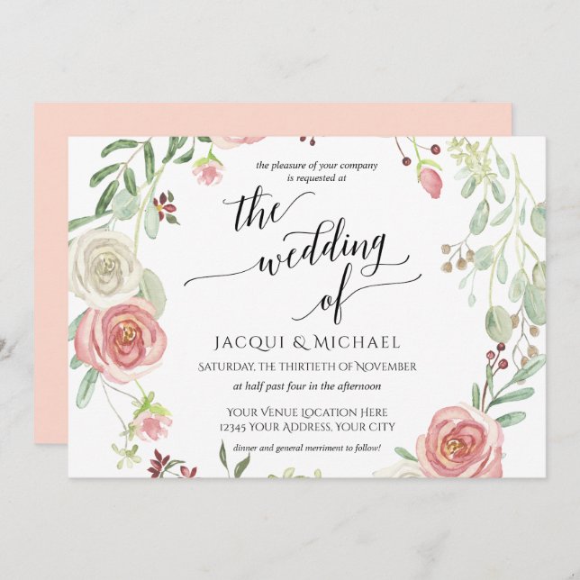 Horizonal Blush Rose Wreath Foliage Watercolor Invitation (Front/Back)