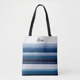 Horizonal Stripes in Blue White Grey Tote Bag