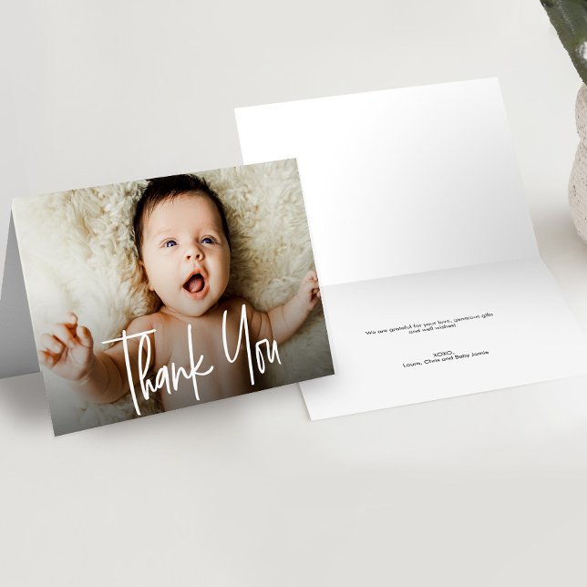 Horizontal Baby Photo Modern Handlettering script Thank You Card (Customizable horizontal Baby photo thank you note card.)