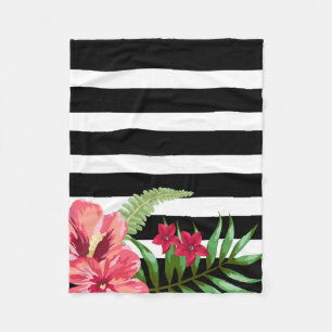 Horizontal Black And White Stripes And Flowers Fleece Blanket