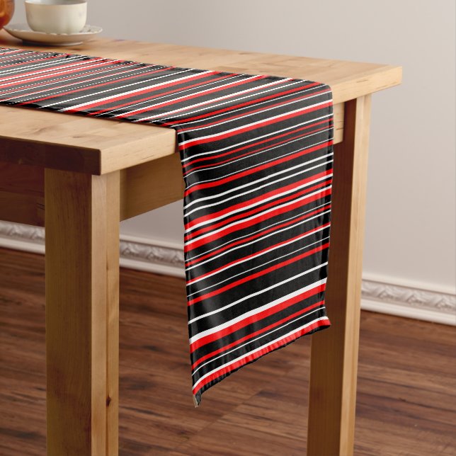 Horizontal Black, Red, White Barcode Stripe Short Table Runner (In Situ)