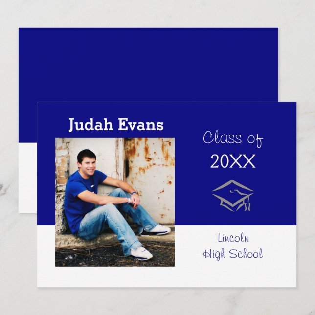 Horizontal Blue w/Photo - Graduation Announcement (Front/Back)