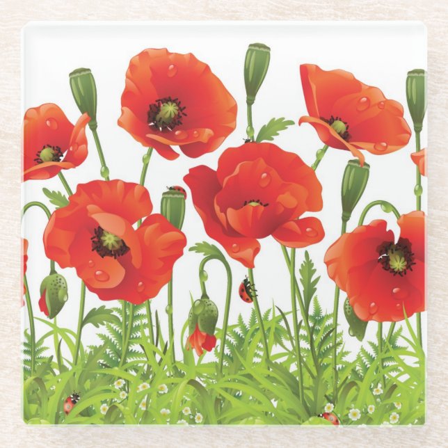 Horizontal border with red poppy glass coaster (Front)
