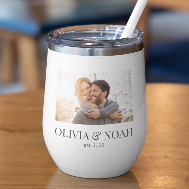 Horizontal Gallery Bar Wine Tumbler (Wine tumbler with sleek photo strip, centered name in serif, and est. 2025 subtitle below.)