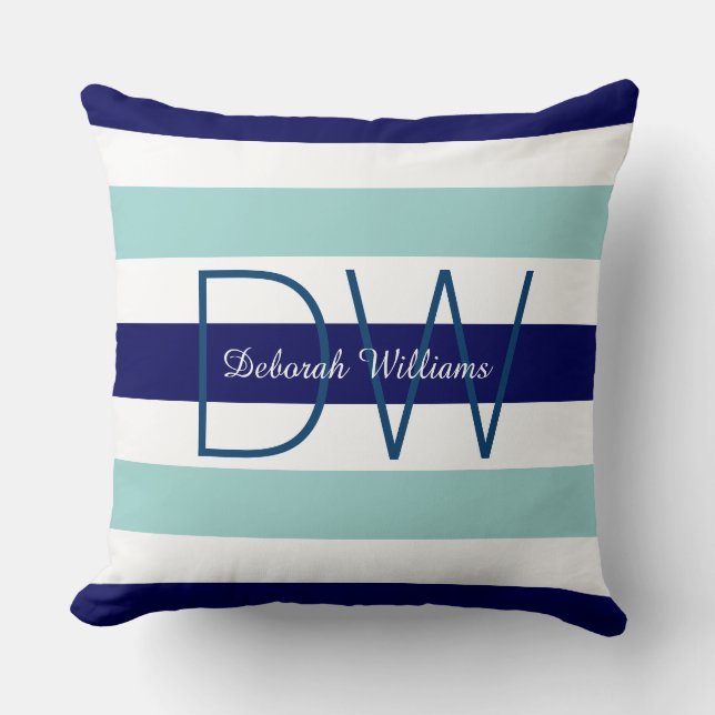 horizontal large blue (2 tones) stripes & monogram cushion (Front)