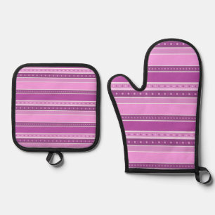 Horizontal lilac pink stripes with polka dot decor oven mitt & pot holder set