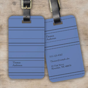 Horizontal lines, black stripes on blue luggage tag