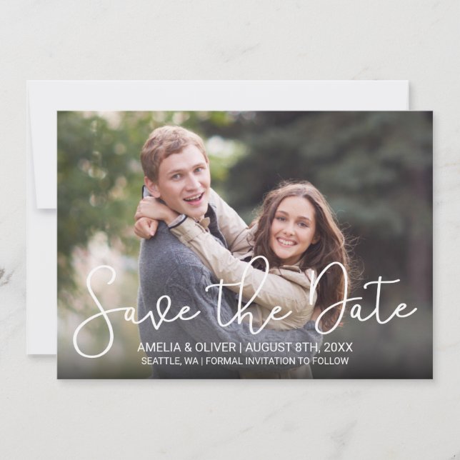 Horizontal Modern Script Photo Save the Date (Front)