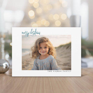 Horizontal Photo blue chevron white border minimal Holiday Card