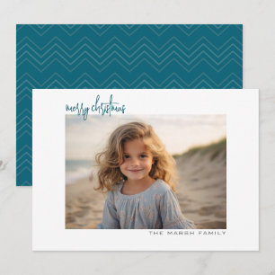 Horizontal Photo blue chevron white border minimal Holiday Card