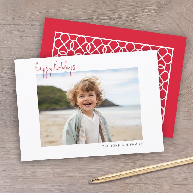 Horizontal  Photo Christmas Script Minimal Happy Holiday Card (A modern, minimal photo card design with one photo on the front with a classy white gallery border.)