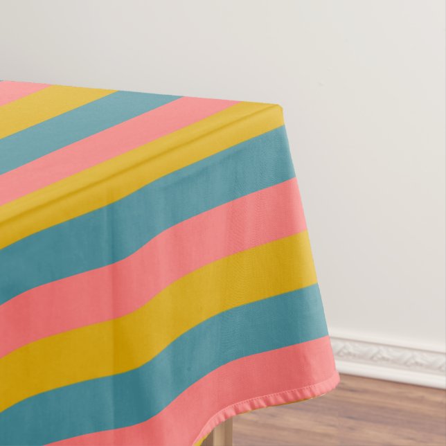 Horizontal pink, blue and orange colour stripes tablecloth (In Situ)