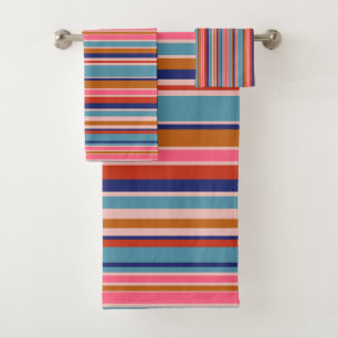 Horizontal stripes blue pink terracotta retro bath towel set