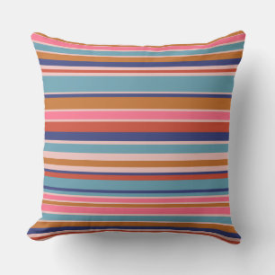 Horizontal stripes blue pink terracotta retro  cushion
