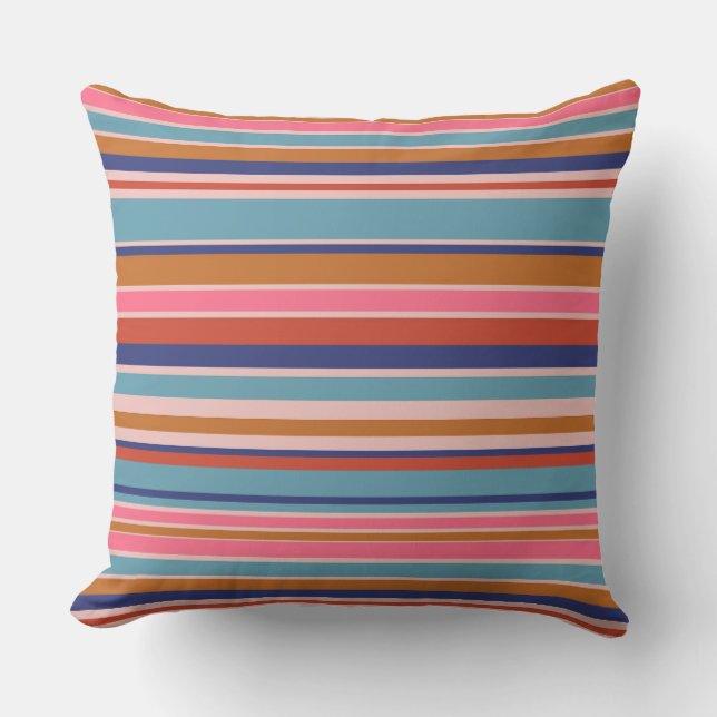 Horizontal stripes blue pink terracotta retro  cushion (Front)