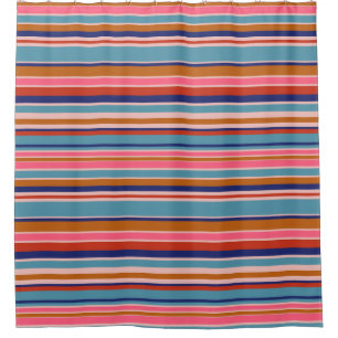 Horizontal stripes blue pink terracotta retro  shower curtain
