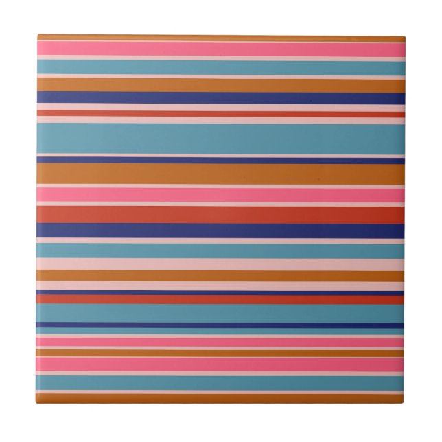 Horizontal stripes blue pink terracotta retro  tile (Front)