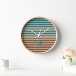 Horizontal Stripes Brown & Blue Monogram Clock