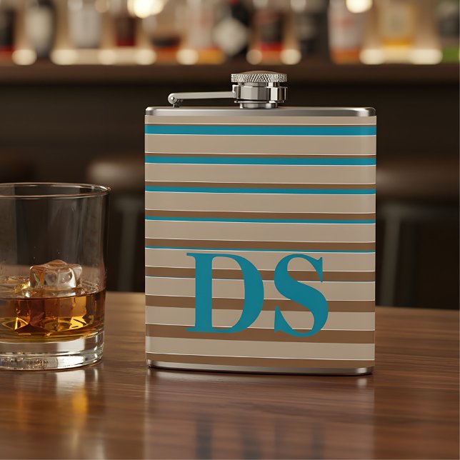 Horizontal Stripes Brown & Blue Monogram Hip Flask (flask with monogram)