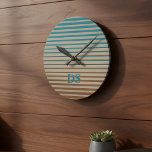 Horizontal Stripes Brown & Blue Monogram Round Clock<br><div class="desc">A stylish clock with horizontal stripes in brown,  beige and blue in a modern minimalist design style with a touch of beach vibes.</div>