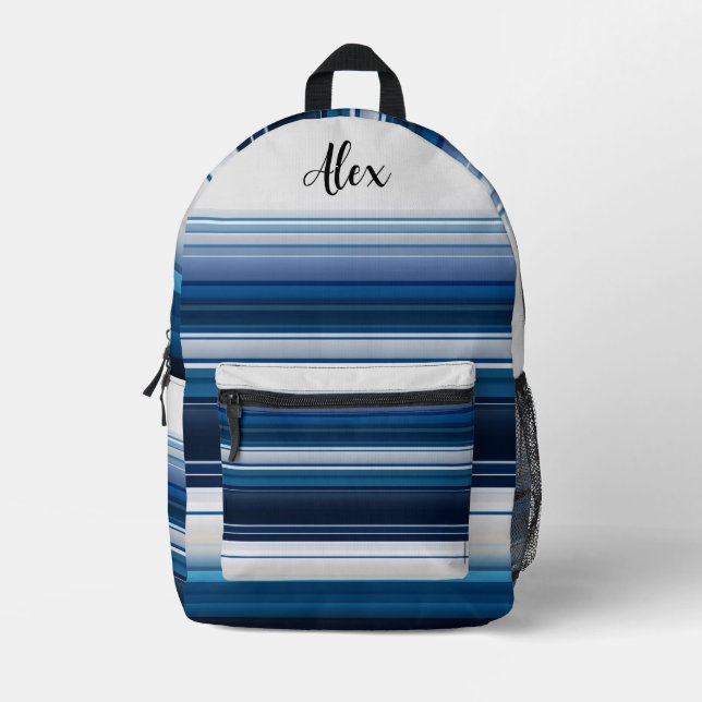 Horizontal Stripes in Blue White and Grey Printed Backpack (Front)