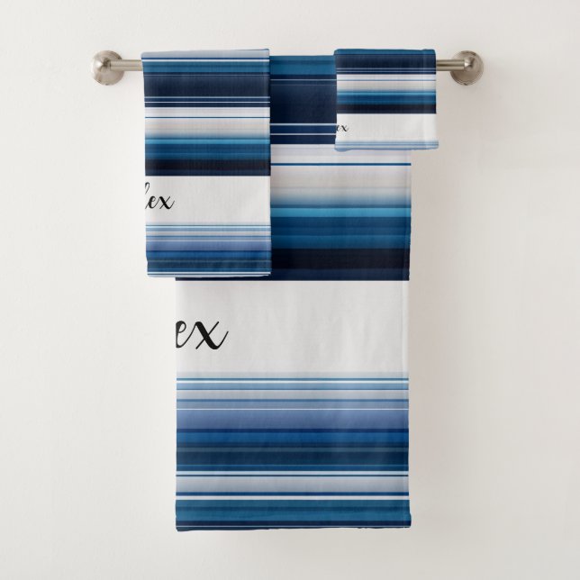 Horizontal Stripes in Blue White Grey Bath Towel Set (Insitu)