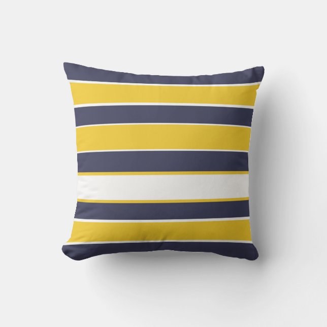 Horizontal stripes, mustard yellow, navy blue, whi cushion (Front)