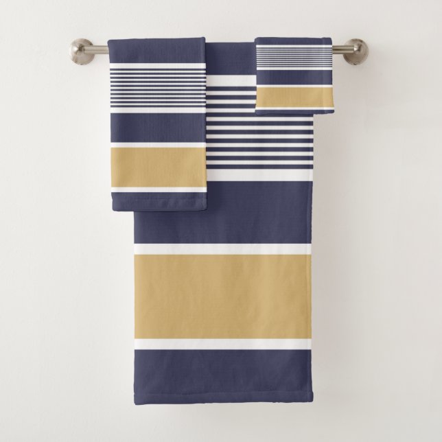 Horizontal stripes, navy blue, ochre, white bath towel set (Insitu)
