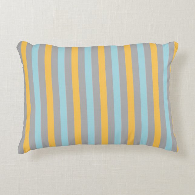 Horizontal Turquoise, Grey and Yellow Stripes Decorative Cushion (Front)