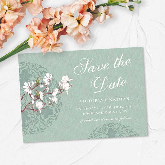 Horizontal Vintage Sage Green Chinoiserie Magnetic Invitation (Creator Uploaded)