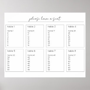 Horizontal Wedding Seating Chart Sign 64 Guests