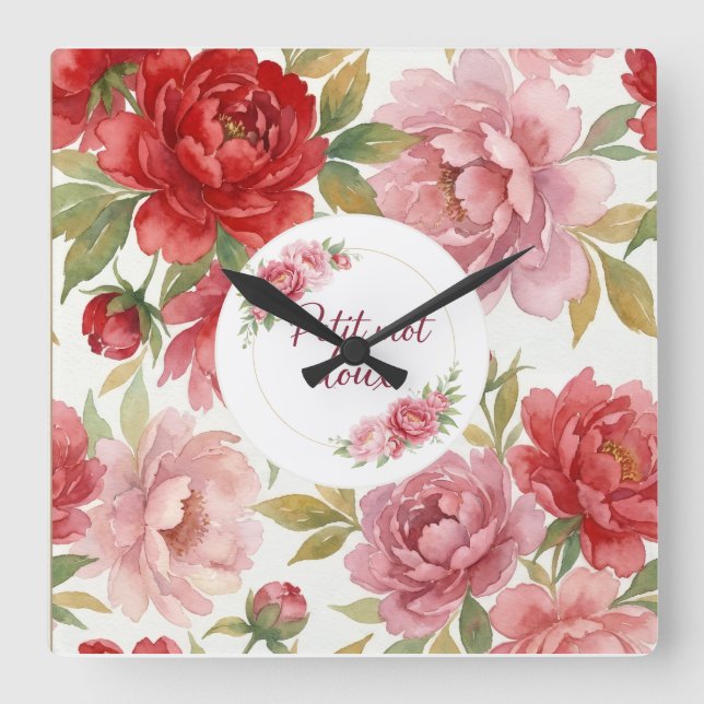 Horloge murale florale Petit mot doux   Square Wall Clock (Front)