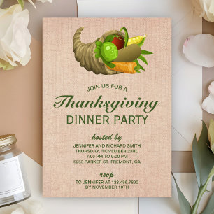 Horn of Plenty   Burlap Thanksgiving Dinner Party Invitation