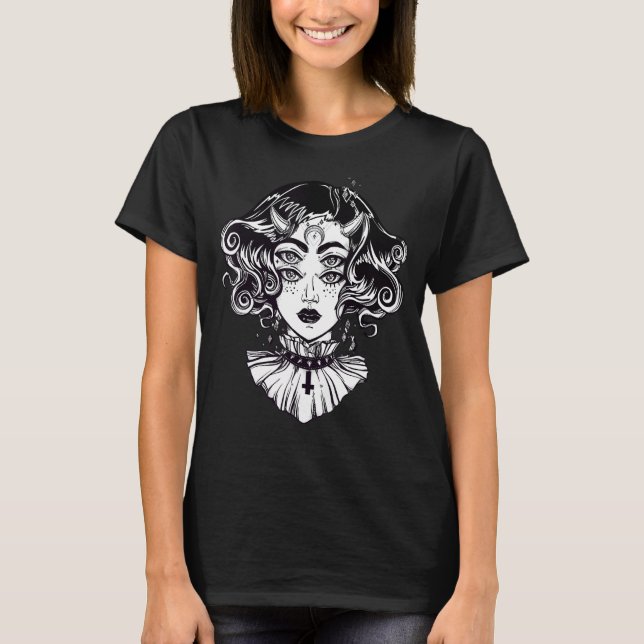 Horned Devil Girl Tshirt - Satanic Halloween Glitc (Front)