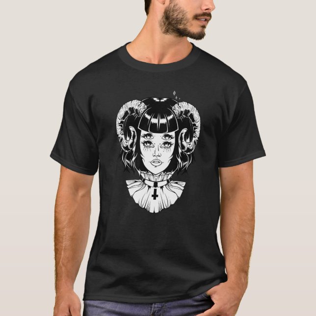 Horned Devil Satanic Halloween Glitch Goth Emo Pun T-Shirt (Front)